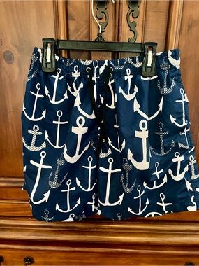 Navy Anchor-Print Athletic Swim Shorts with Drawstring